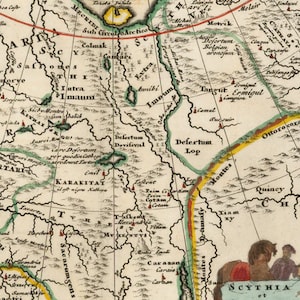 May include: An antique map of Asia with a focus on the region of Tartary. The map is hand-drawn and features intricate details, including mountains, rivers, and cities. The map is labeled in Latin and includes the text "Tartary" and "Scythia".
