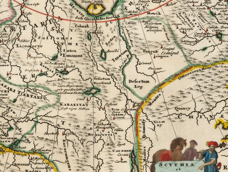 May include: An antique map of Asia with a focus on the region of Tartary. The map is hand-drawn and features intricate details, including mountains, rivers, and cities. The map is labeled in Latin and includes the text "Tartary" and "Scythia".