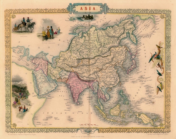 アジアの古地図、アジアの地図、アジア地図、ヴィンテージ地図プリント 