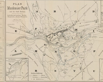 Carte de Bad Muskau, Bad Muskau Stadtplan, cartes de Bad Muskau, carte du parc de Bad Muskau, circuit de Bad Muskau, plan de la ville de Bad Muskau, carte de l'Allemagne, 1890