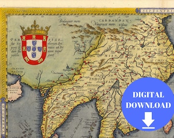 Parte del mapa de Ortelius Mapa de las Indias Orientales, Mapa del Viejo Mundo, Mapa digital del viejo mundo, Mapa del mundo vintage, Mapa del mundo grande, Mapa del mundo antiguo, 1570