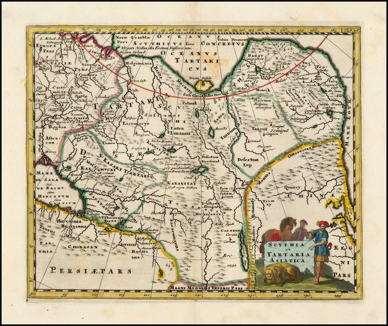 May include: An antique map of Tartary, a region in Asia, with detailed borders and place names. The map is in shades of green, brown, and yellow, with a small inset image of people in traditional clothing. The text "SCYTHIA TARTARIA ASIATICA" is visible in the lower right corner.