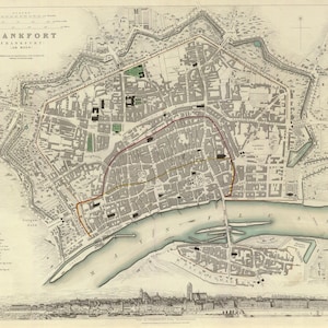 Mapa de Frankfurt am Main para entusiastas de la historia, Impresión de Frankfurt, Mapa antiguo de Frankfurt am Main, Impresión de Frankfurt, Mapa de Alemania, 1837