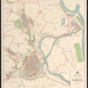 Può includere: Una mappa vintage di Danzica, Germania, che mostra la disposizione della città e le aree circostanti. La mappa è stampata in bianco e nero con accenti rossi e blu. La mappa include il testo "Plan der Stadt Danzig" e "Angelegt im Jahre 1918. Statistische Kennzeichnung."