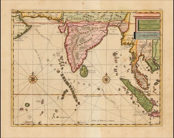 May include: An antique map of the Indian subcontinent and Southeast Asia, showing the route from the Dutch East India Company's trading post in Batavia (Jakarta) to the port of Gamron (Bandar Abbas) in Persia. The map is printed on paper and features a compass rose, a grid of lines, and a legend in French. The map is titled "Route exacte de Gamron a Batavia et de Batavia a Gamron."