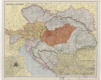 Mapa Austro-Węgier z 1918 r., grafika ścienna w stylu vintage (do pobrania cyfrowego)