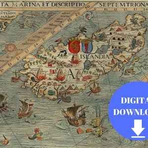 Part of Carta Marina Map, Iceland Map, Old World Map, Digital Old World Map, Vintage World Map, Large World Map, Antique World Map, 1539 Map