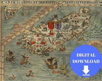 Parte del mapa de Carta Marina, mapa de Islandia, mapa del Viejo Mundo, mapa digital del Viejo Mundo, mapa del mundo antiguo, mapa del mundo grande, mapa del mundo antiguo, mapa de 1539