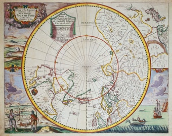 Nordpolskarta, digitalt karttryck, utskrivbar kartkonst, vintagekarttryck, utskrivbar karta, forntida kartor, antik karta, gammal karta, affischkarta
