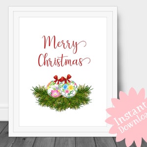Merry Christmas with Baubles, Flower Baubles, Red Christmas Ribbon, Christmas Printable, Digital Download, Christmas Decor, Pretty Baubles