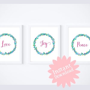 Amour, joie, paix, couronne, bleu, 3 photos, cadeau de Noël, téléchargement numérique, Noël imprimable, signe, couronne de Noël, art mural, rose