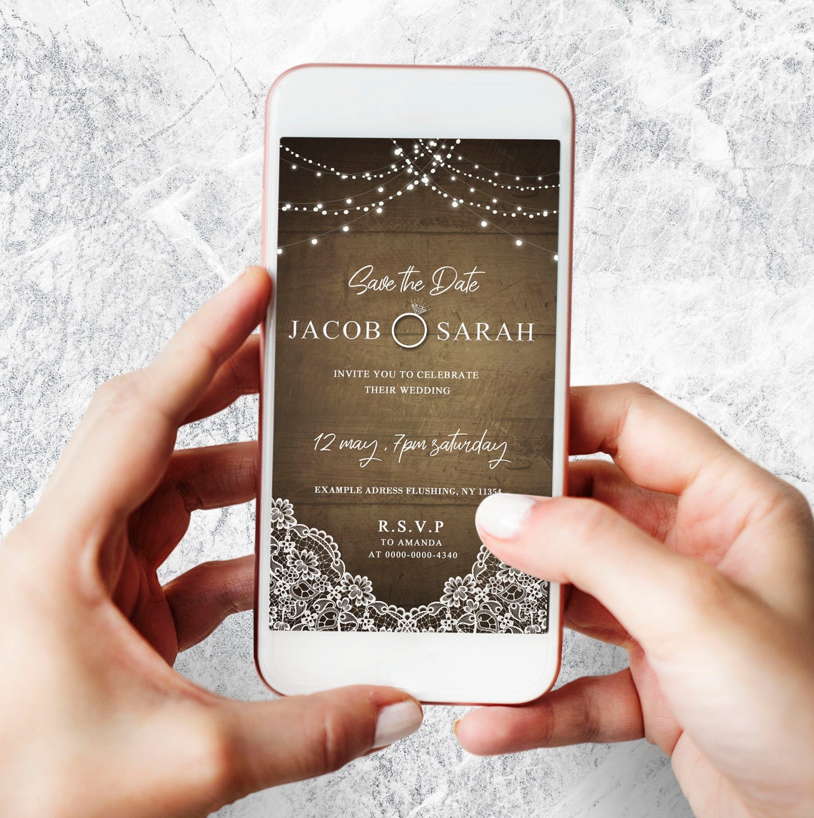 Save the date electronic invitation on wood with lace and Etsy