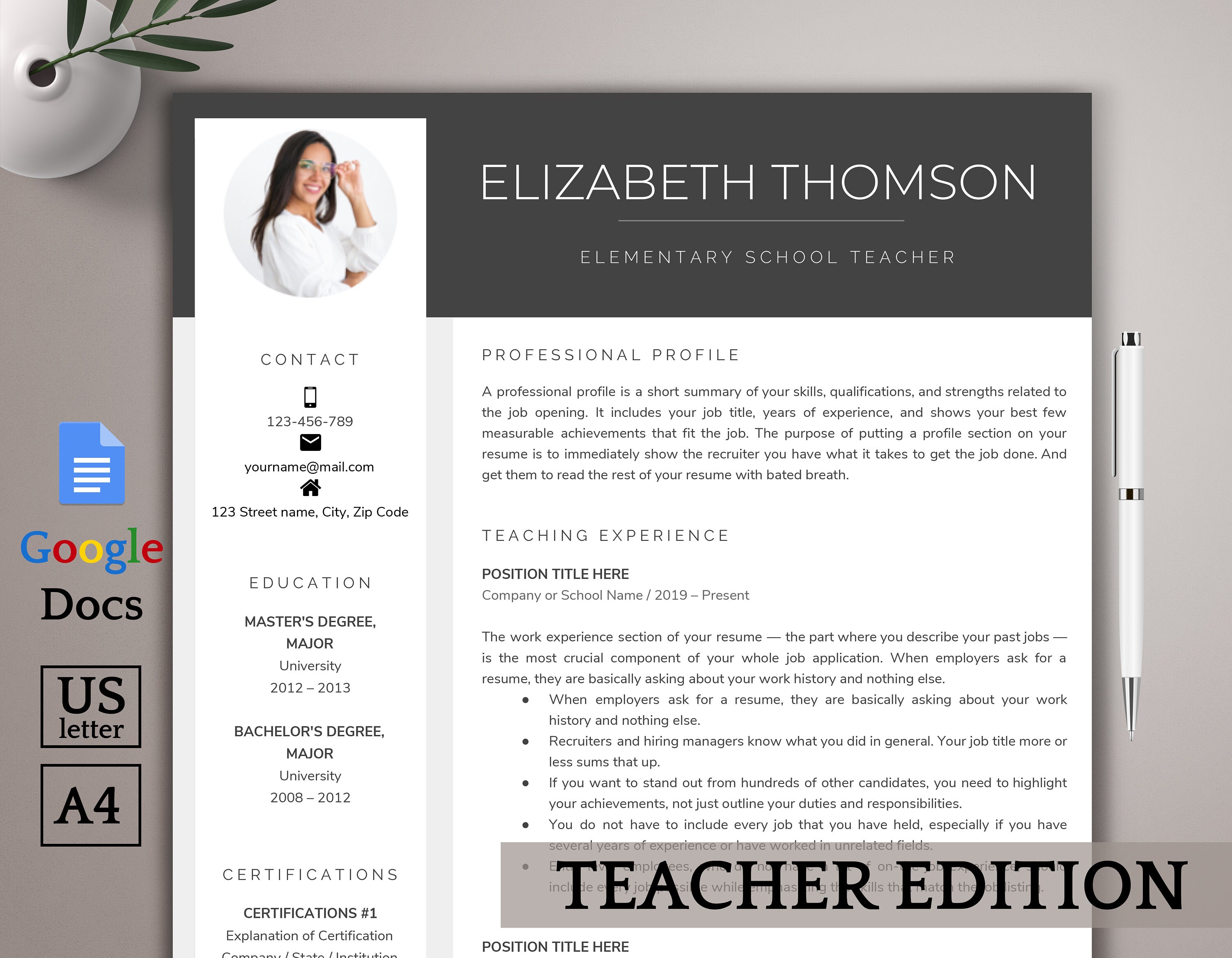 Google Docs Resume Template Teacher Resume Template Google Etsy Australia