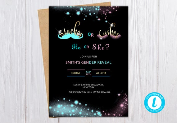 Gender reveal invitation with Staches or Lashes Baby shower | Etsy