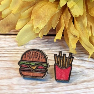 Burger and Fries Wood Cut Stud Earrings