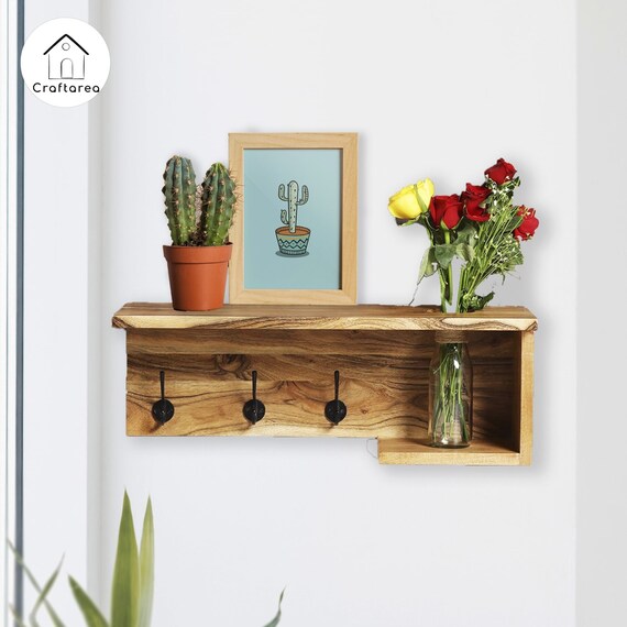 Craftarea Vintage Wooden Floating Shelf With Hooks Home - Vintage Wall Shelf With Hooks Craftarea Vintage Wooden Floating Shelf With Hooks Home - Vintage Wall Shelf With Hooks