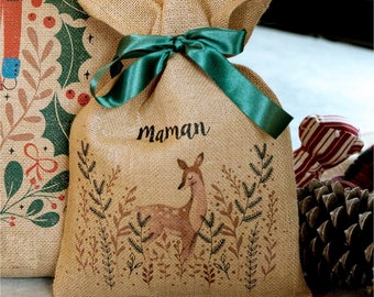 Saquito navideño de tela de yute natural, personalizado con el nombre de los niños, regalo con embalaje ecológico.