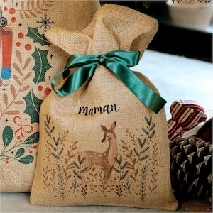 Petit sac de Noël personnalisés en toile de jute naturelle, avec prénoms des enfants, un emballage cadeau écologique !
