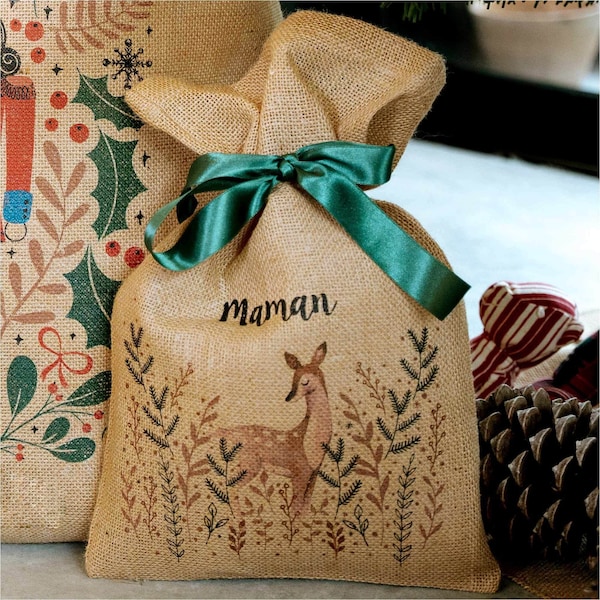 Petit sac de Noël personnalisés en toile de jute naturelle, avec prénoms des enfants, un emballage cadeau écologique !