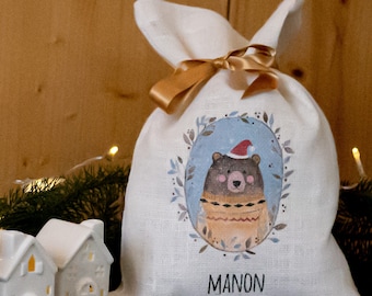 Petit sac de Noël personnalisé en toile de jute blanche, avec prénom des enfants, un emballage cadeau écologique !