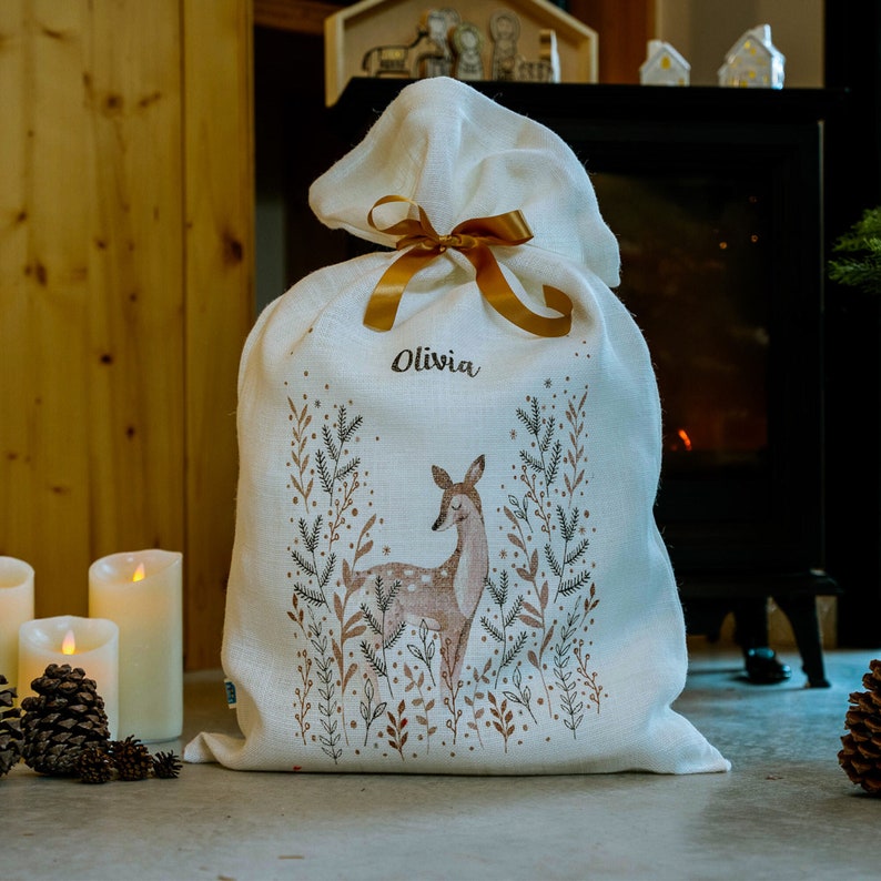 White personalised Santa Sack, Personalized white burlap Santa Sack, Personalised hessian Christmas Sack, Christmas kids gift bags T7 Deer