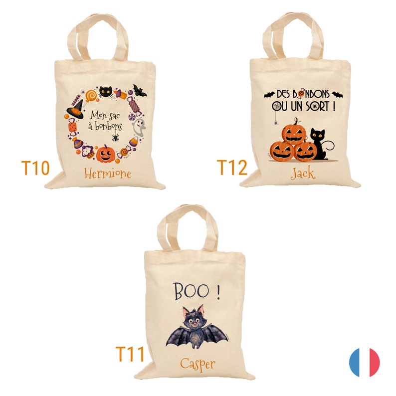 Op de afbeelding: Drie Halloween-thema tote bags met verschillende ontwerpen. De eerste tas heeft een pompoen- en snoepkrans met de tekst "Mon sac &agrave; bonbons" en de naam "Hermione". De tweede tas heeft een zwarte kat en pompoenen met de tekst "Des bonbons ou un sort!" en de naam "Jack". De derde tas heeft een vleermuis met de tekst "BOO!" en de naam "Casper".