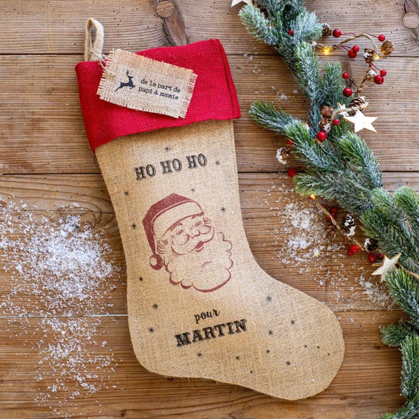 Chaussette de Noël personnalisée en jute naturelle, Chaussette de Noël traditionnelle, personnalisée sur commande