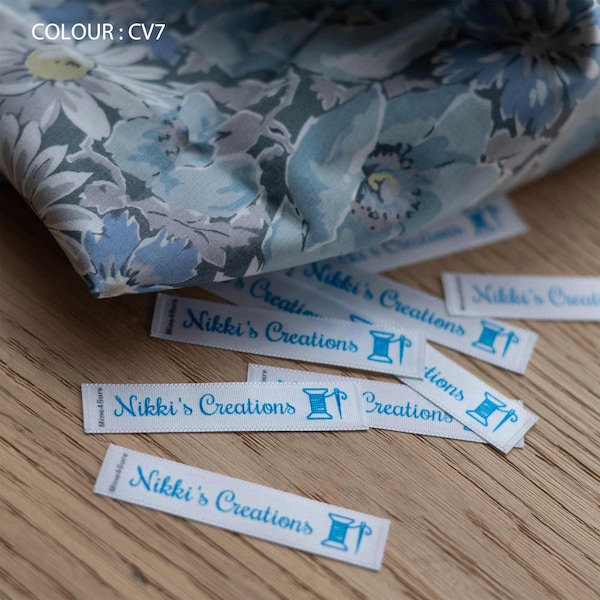 Personalised satin sewing labels, Font Rochester. Custom Labels. Label clothes, handmade, sewn, knitted, crochet work,