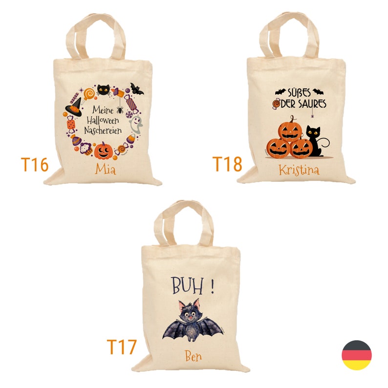 Op de afbeelding: Drie herbruikbare katoenen tassen met Halloween-thema's in verschillende ontwerpen. De eerste tas heeft een krans van Halloween-snoepjes met de tekst "Meine Halloween Naschereien" en de naam "Mia". De tweede tas heeft een zwarte kat en drie pompoenen met de tekst "S&uuml;&szlig;es oder Saures" en de naam "Kristina". De derde tas heeft een vleermuis met de tekst "BUH!" en de naam "Ben".