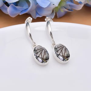 Pendiente de cuarzo rutilado negro, pendiente de plata de ley 925, regalo de aniversario, pendiente de piedra preciosa, pendiente hecho a mano para mujer.