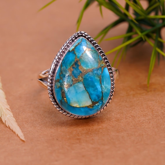 Blue Copper Turquoise Sterling Silver Statement Ring Boho