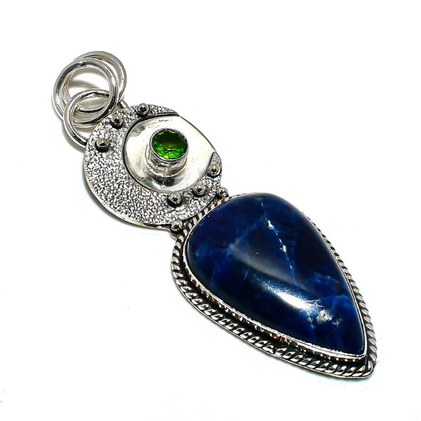 Pendentif 3D, pierre précieuse de sodalite, bijoux faits main en argent sterling 925, 2,56 pouces (NP1743-03)