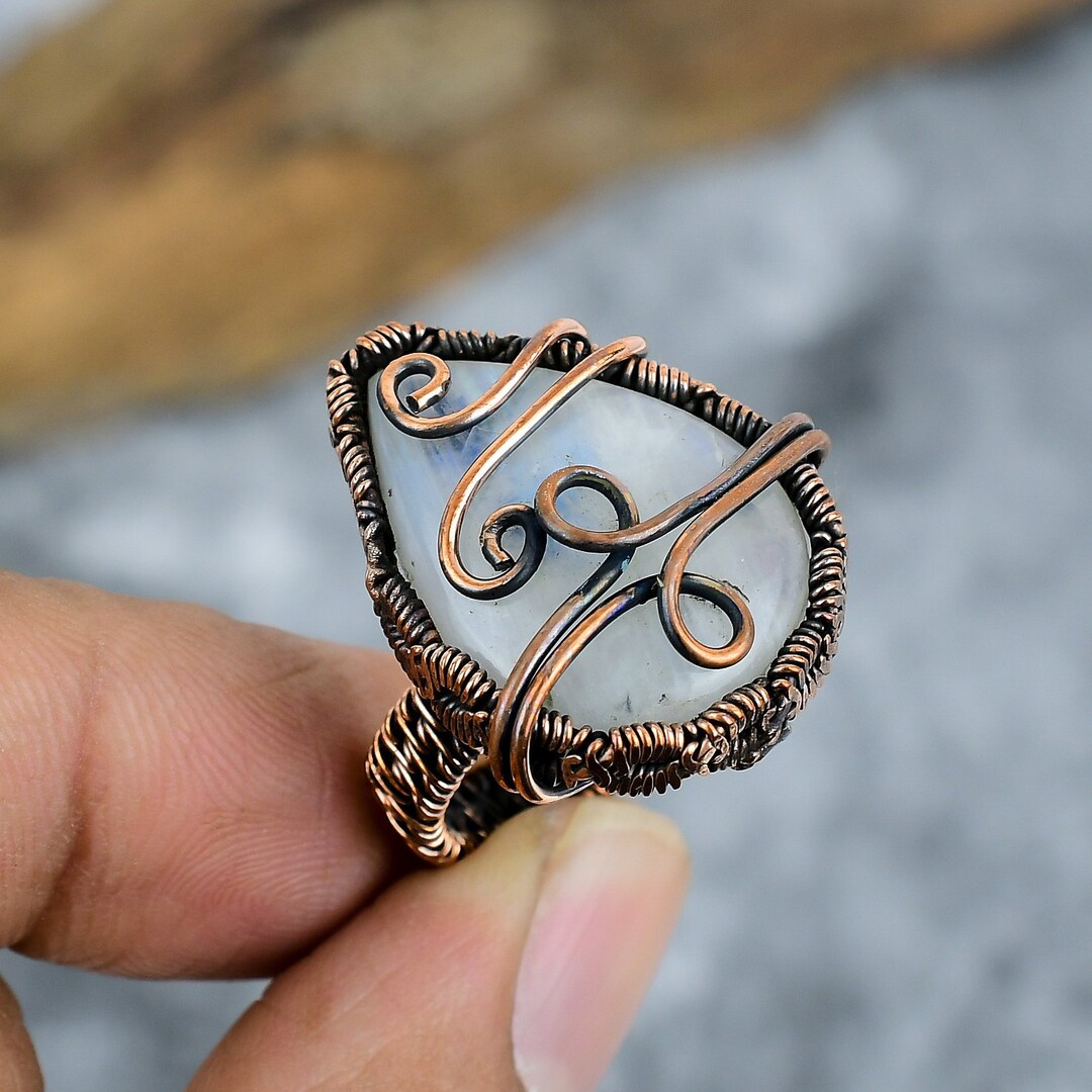 Handmade Copper Wire Wrapped Ring Size 6 With Natural Rainbow Moonstone ...