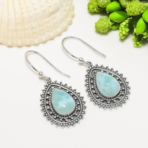 Natural Larimar Earring,925 Sterling Silver Earring,Fine Earring,Drop Dangle Style Hook Earring,Gift For Mom,By Nakshmart