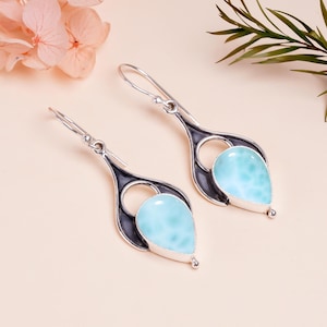 Natural Larimar Gemstone Earring in 925 Sterling Silver, Natural Blue Larimar Hook Earring, Sterling Silver Dangle Earring, Gift for her