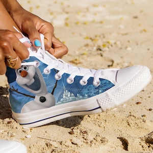 Frozen Olaf Shoes, Frozen Olaf Converse Style Shoes, Frozen Snowman Fan Gift Idea, Women&#39;s Men&#39;s High Top Sneakers