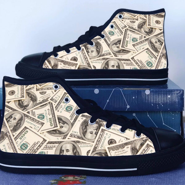 Money Shoes, Baller Converse Style Shoes,  Dollar Bills Fan Gift Idea, Women's Men's High Top Sneakers