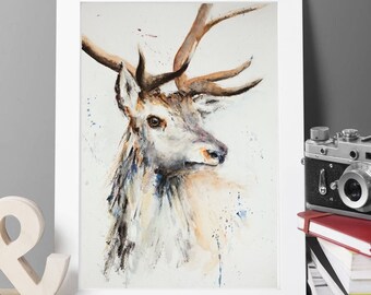 Stag art print of my original Watercolour painting of Stag. Perfect gift idea for art wildlife animals lovers. Art directly from the artists