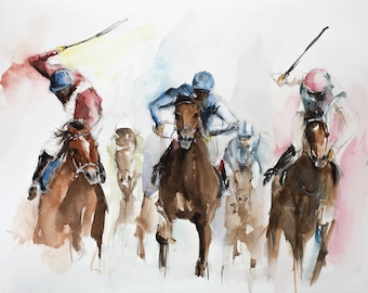 Horse Racing Watercolor Art Print, Limited Edition Giclée