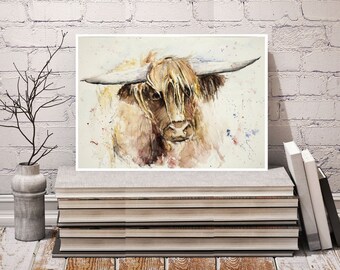Highland Cow Watercolour Art Print, Farmhouse Decor, Limited Edition