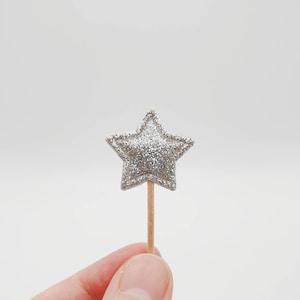 May include: A silver glitter star cake topper on a wooden stick.