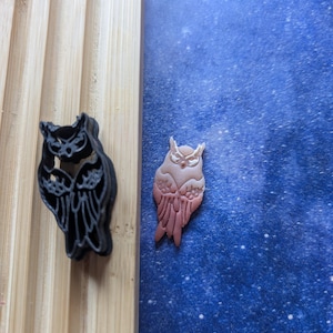 Puede incluir: Dos encantos en forma de búho, uno negro y otro rosa. El encanto de búho negro está sobre una superficie de madera, mientras que el encanto de búho rosa está sobre una superficie azul con motas blancas.