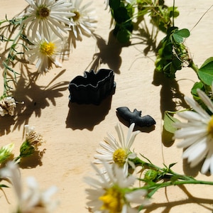 May include: Two black plastic bat cookie cutters on a wooden surface surrounded by white daisies and green leaves.