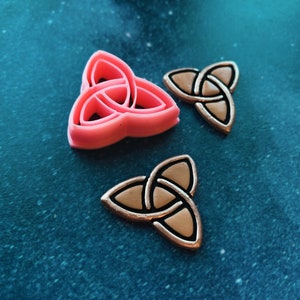 Puede incluir: Dos diseños de nudo triquetra, uno en plástico rosa y otro en metal dorado, sobre un fondo azul.