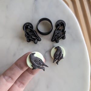 May include: Three black crow cookie cutters and two fondant crow cookies on a white marble surface. The fondant cookies are on a pale green background.