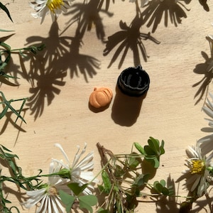 May include: Two small pumpkin-shaped cookie cutters, one black and one orange, on a wooden surface with white flowers and green leaves.