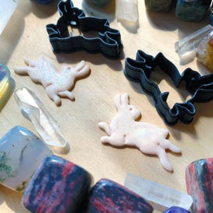 Puede incluir: Una colección de gemas y cristales coloridos, que incluyen piedras azules, moradas y rojas, y cristales de cuarzo transparente. También hay dos cortadores de galletas negros con forma de conejito y dos galletas rosas con forma de conejito.