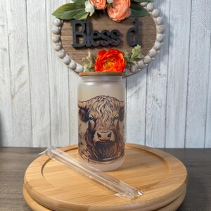Highland Cow Counrty 2 glass Libby cup with bamboo lid and glass straw
