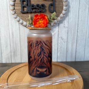 Highland Cow Counrty 1 glass Libby cup with bamboo lid and glass straw
