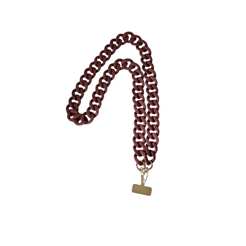 May include: A maroon silicone chain with a gold clasp and a gold rectangular tag.